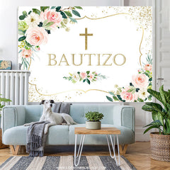 Lofaris Pink Floral And Gold Glitter Bautizo Baby Shower Backdrop