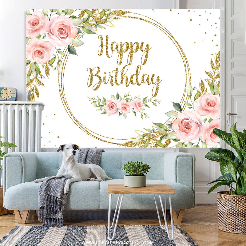 Lofaris Pink Floral And Gold Glitter White Birthday Backdrop