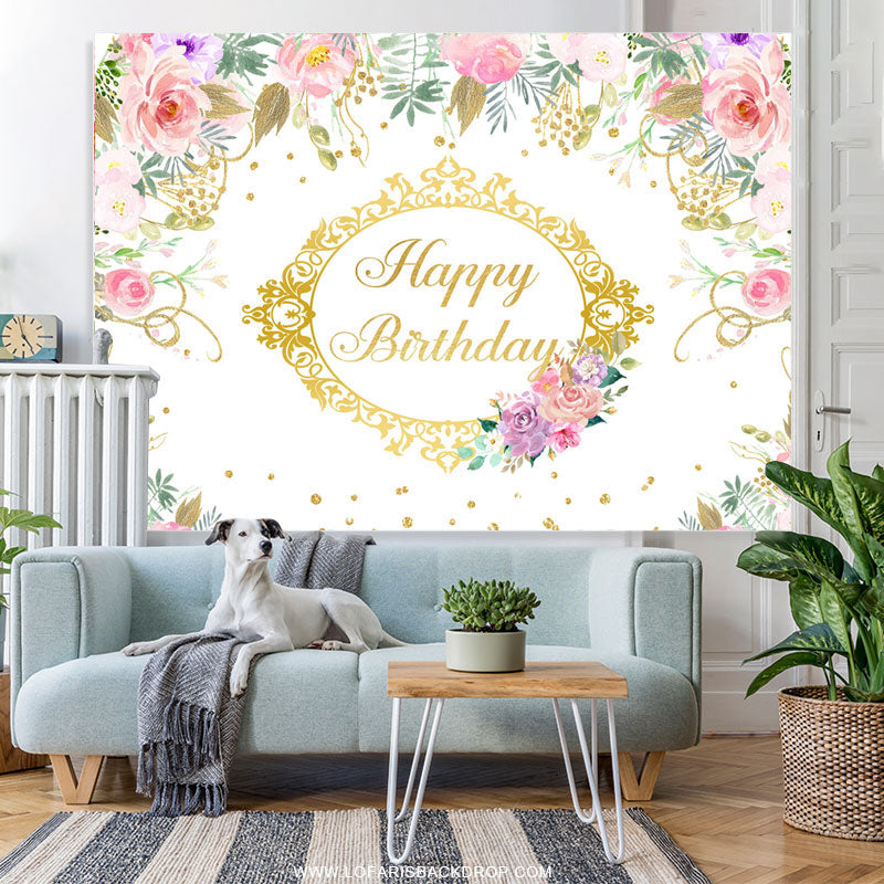 Lofaris Pink Floral And Gold Happy Birthday Backdrop Banner