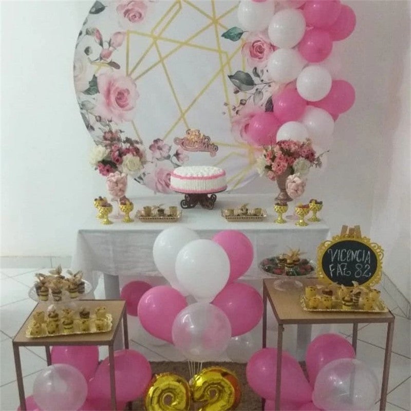 Lofaris Pink Floral And Gold Stripes Round Birthday Backdrop