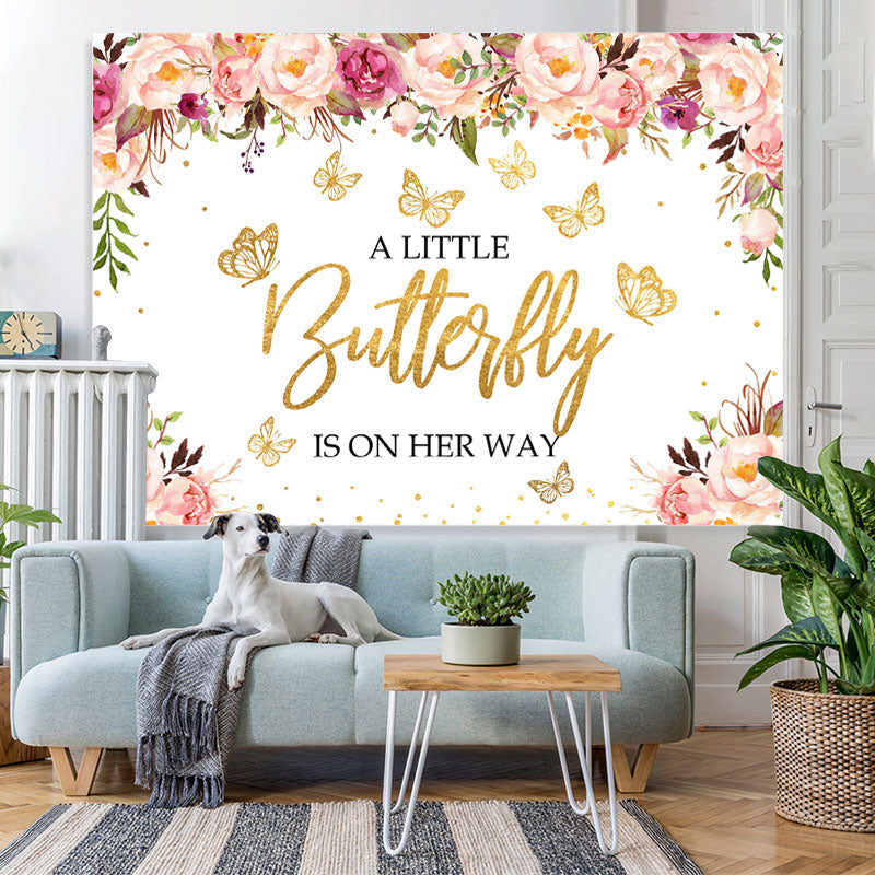 Lofaris Pink Floral and Golden Butterfly Baby Shower Backdrop