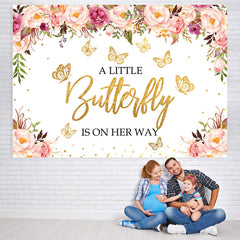 Lofaris Pink Floral and Golden Butterfly Baby Shower Backdrop