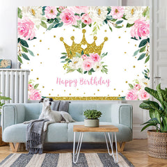 Lofaris Pink Floral and Golden Crown Happy Backdrop for Girl