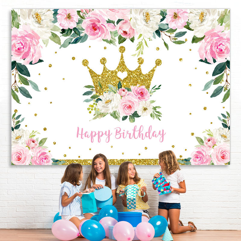 Lofaris Pink Floral and Golden Crown Happy Backdrop for Girl