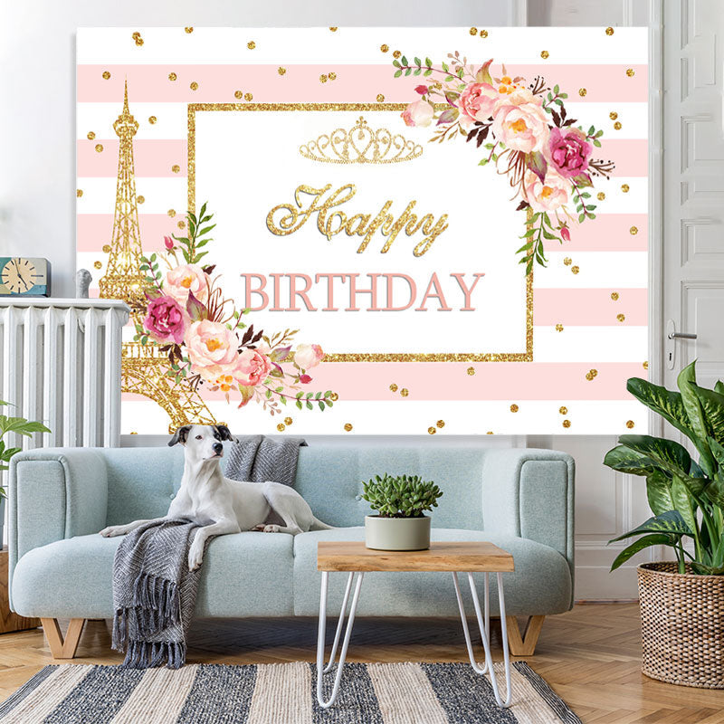 Lofaris Pink Floral And Golden Glitter Birthday Party Backdrop
