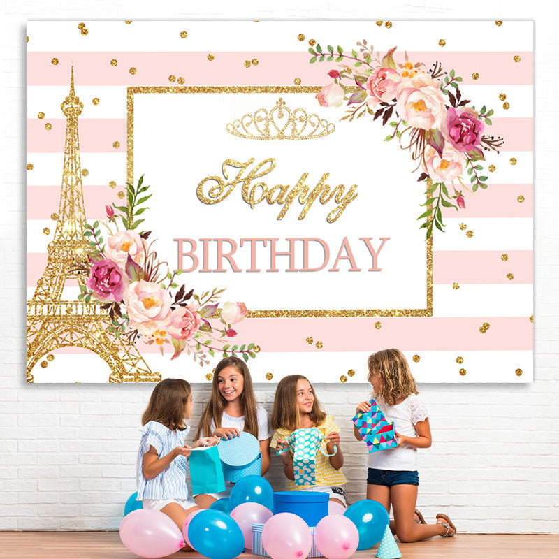 Lofaris Pink Floral And Golden Glitter Birthday Party Backdrop