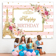 Lofaris Pink Floral And Golden Glitter Birthday Party Backdrop