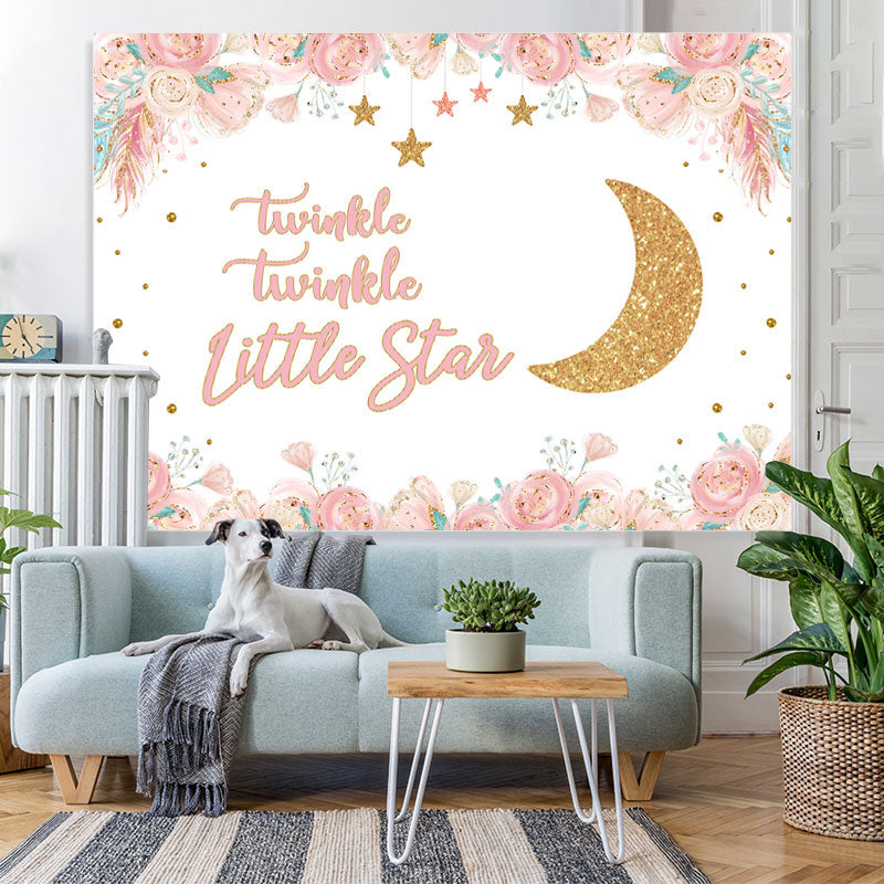Lofaris Pink Floral And Golden Moon Stars Backdrop For Children