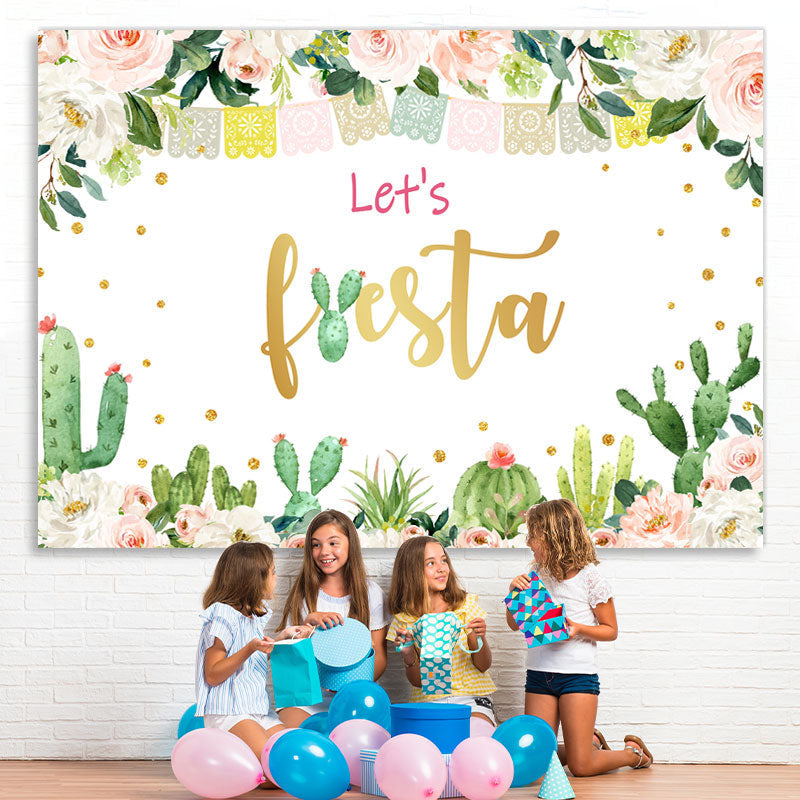 Lofaris Pink Floral And Green Cactus Girls Birthday Backdrop