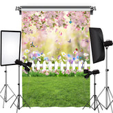 Lofaris Pink Floral And Green Grassland Spring Theme Backdrop