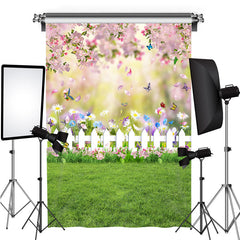 Lofaris Pink Floral And Green Grassland Spring Theme Backdrop