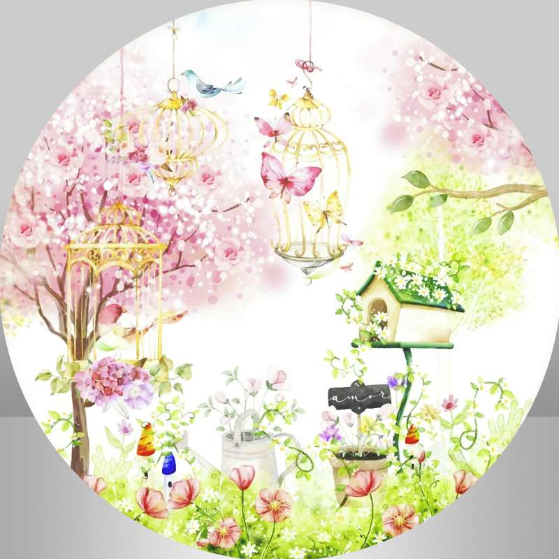 Lofaris Pink Floral And Green Leaves Garden Round Backdrop
