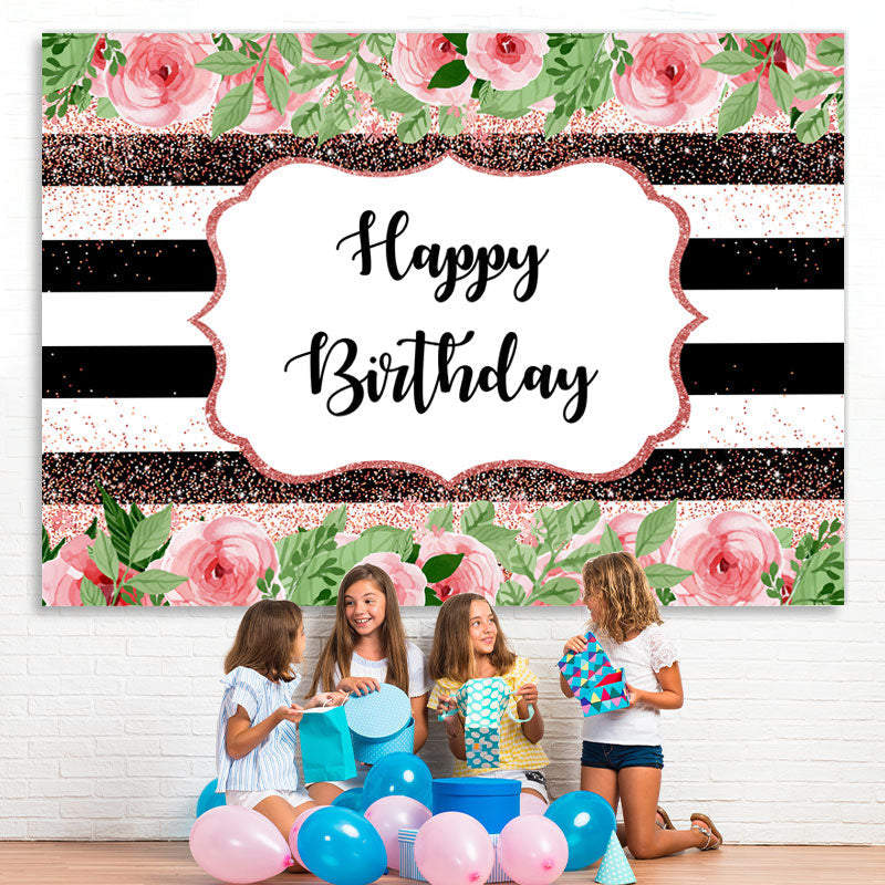 Lofaris Pink Floral And Green Leaves Glitter Birthday Backdrop