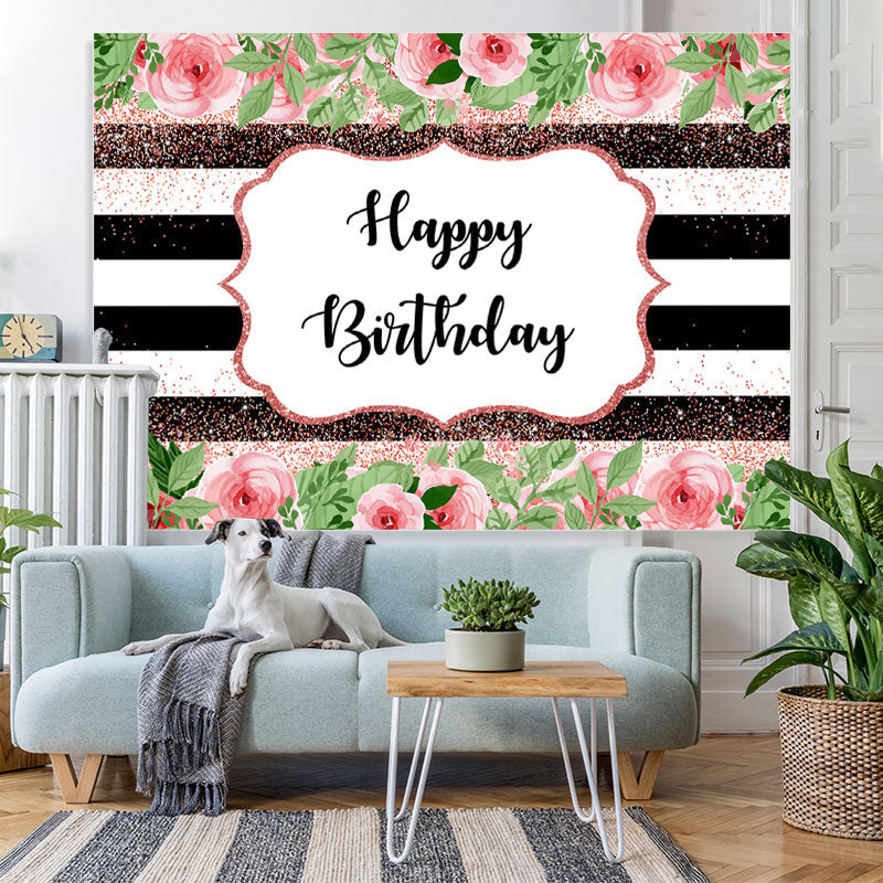Lofaris Pink Floral And Green Leaves Glitter Birthday Backdrop
