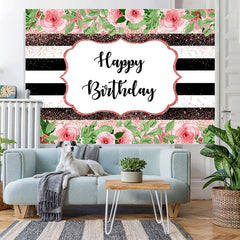 Lofaris Pink Floral And Green Leaves Glitter Birthday Backdrop