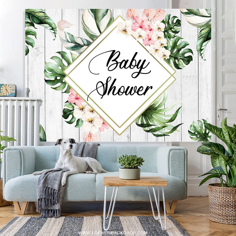 Lofaris Pink Floral And Green Leaves Wood Baby Shower Backdrop