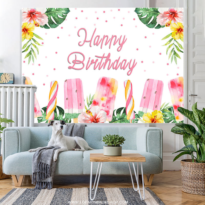 Lofaris Pink Floral And Ice Cream Happy Summer Birthday Backdrop