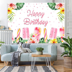 Lofaris Pink Floral And Ice Cream Happy Summer Birthday Backdrop