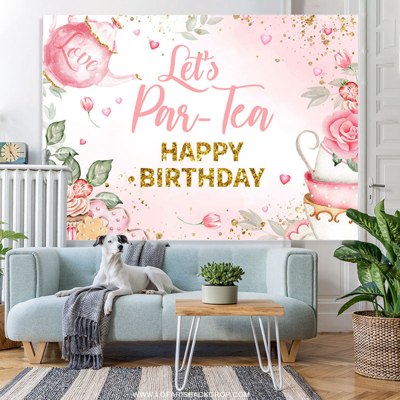 Lofaris Pink Floral And Love Tea Glitter Birthday Backdrop