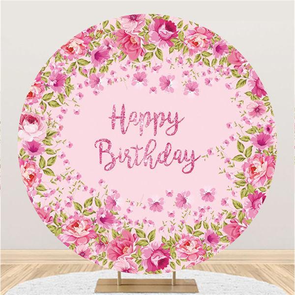 Lofaris Pink Floral And Custom Round Birthday Backdrop
