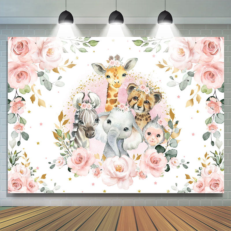 Lofaris Pink Floral And Safari Animals Baby Shower Backdrop