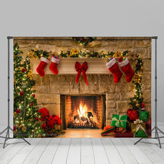 Lofaris Pink Floral And Socks Winter Happy Christmas Backdrop
