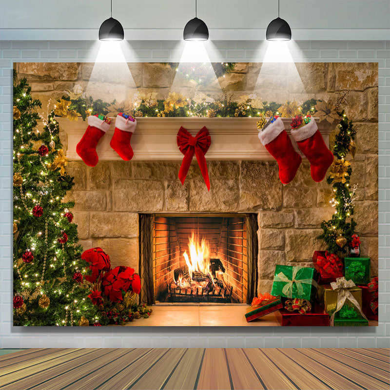 Lofaris Pink Floral And Socks Winter Happy Christmas Backdrop