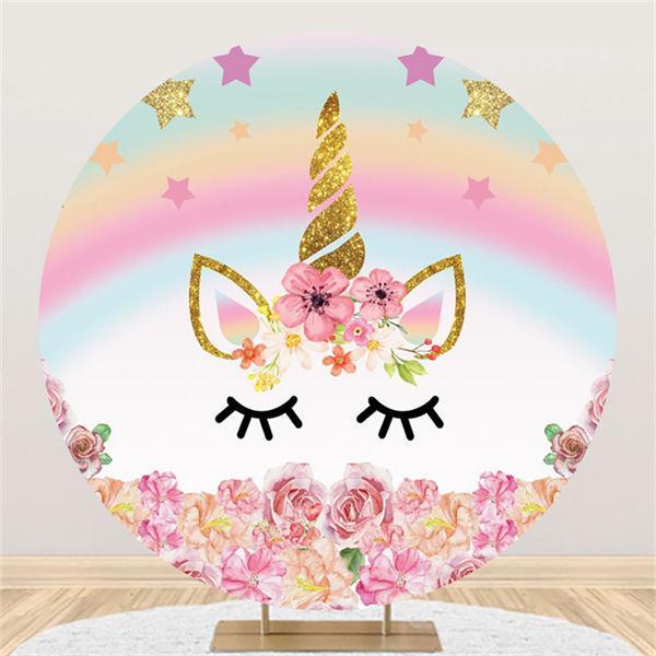 Lofaris Pink Floral And Unicorn Round Baby Shower Backdrop