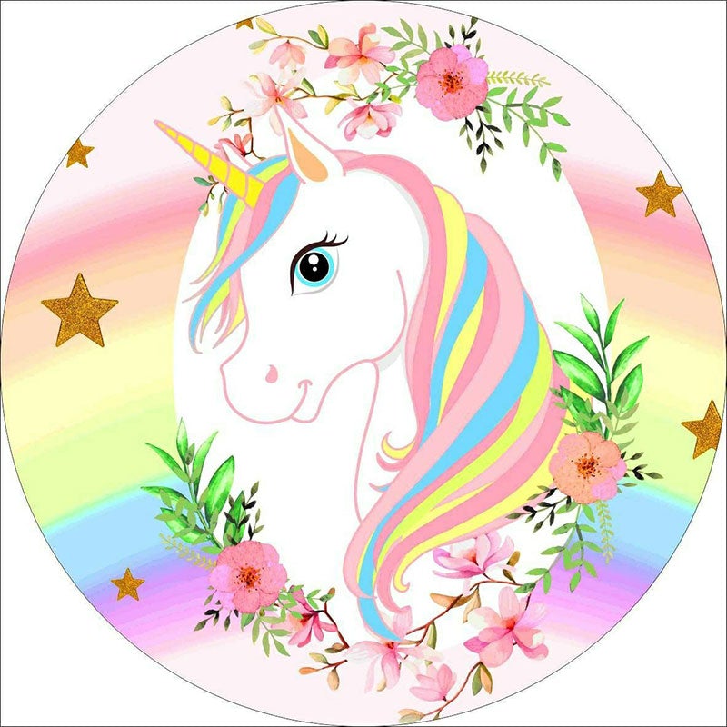 Lofaris Pink Floral And Unicorn Round Happy Birthday Backdrop