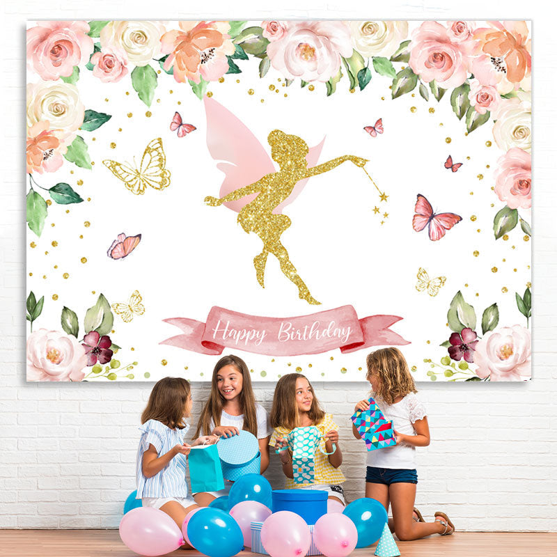 Lofaris Pink Floral Butterfly Fairy Happy Birthday Backdrop