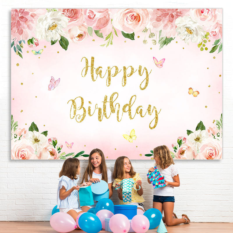 Lofaris Pink Floral Butterfly Glitter Happy Birthday Backdrop