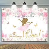 Lofaris Pink Floral Glitter Butterfly Happy 1st Birthday Backdrop