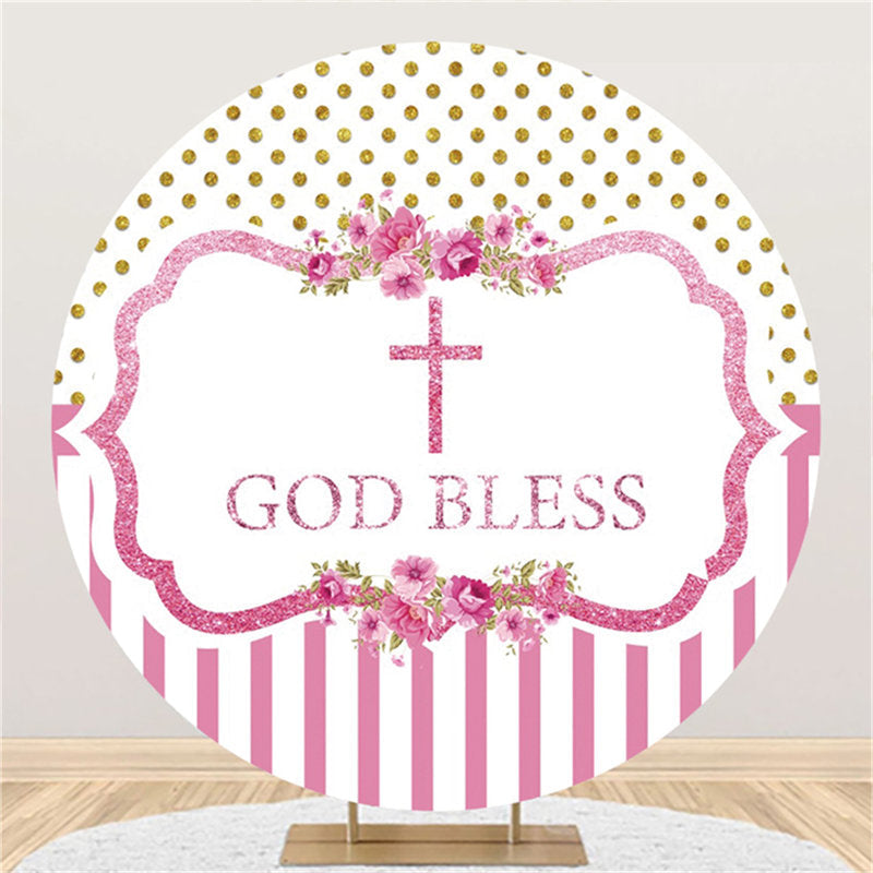 Lofaris Pink Floral Glitter God Bless Round Baby Shower Backdrop