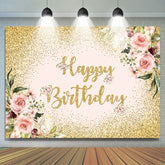 Lofaris Pink Floral Glitter Gold Happy Birthday Backdrop