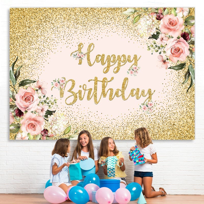 Lofaris Pink Floral Glitter Gold Happy Birthday Backdrop