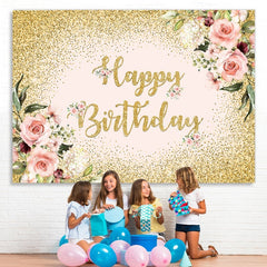 Lofaris Pink Floral Glitter Gold Happy Birthday Backdrop