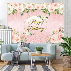Lofaris Pink Floral Glitter Happy Birthday Backdrop For Girl