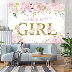 Lofaris Pink Floral Glitter Its A Girl Baby Shower Backdrop