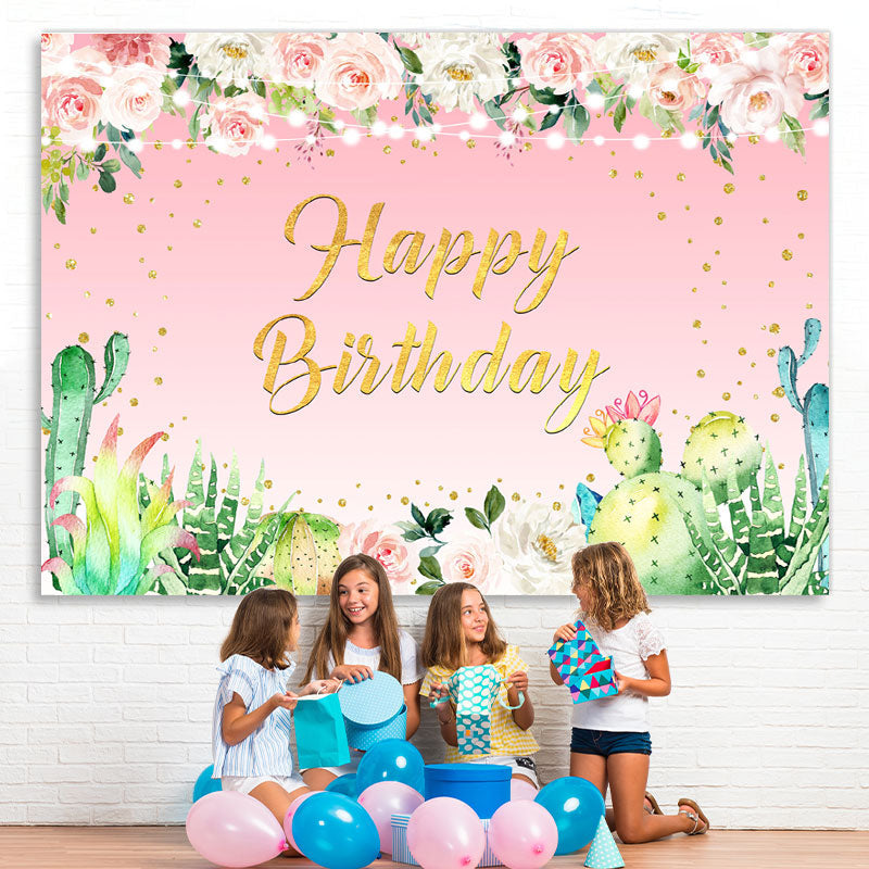 Lofaris Pink Floral Glitter Plant Theme Happy Birthday Backdrop