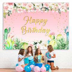 Lofaris Pink Floral Glitter Plant Theme Happy Birthday Backdrop
