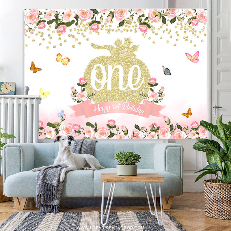 Lofaris Pink Floral Glitter Pumpkin Happy 1st Birthday Backdrop