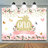 Lofaris Pink Floral Glitter Pumpkin Happy 1st Birthday Backdrop