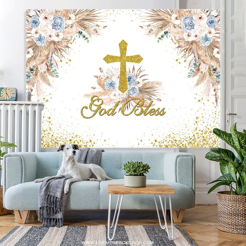 Lofaris Pink Floral God Bless Boho Baby Shower Backdrop