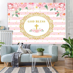 Lofaris Pink Floral God Bless Gold Stripe Backdrop for Photo