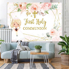 Lofaris Pink Floral Gold Glitter First Holy Communion Backdrop