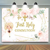 Lofaris Pink Floral Gold Glitter First Holy Communion Backdrop