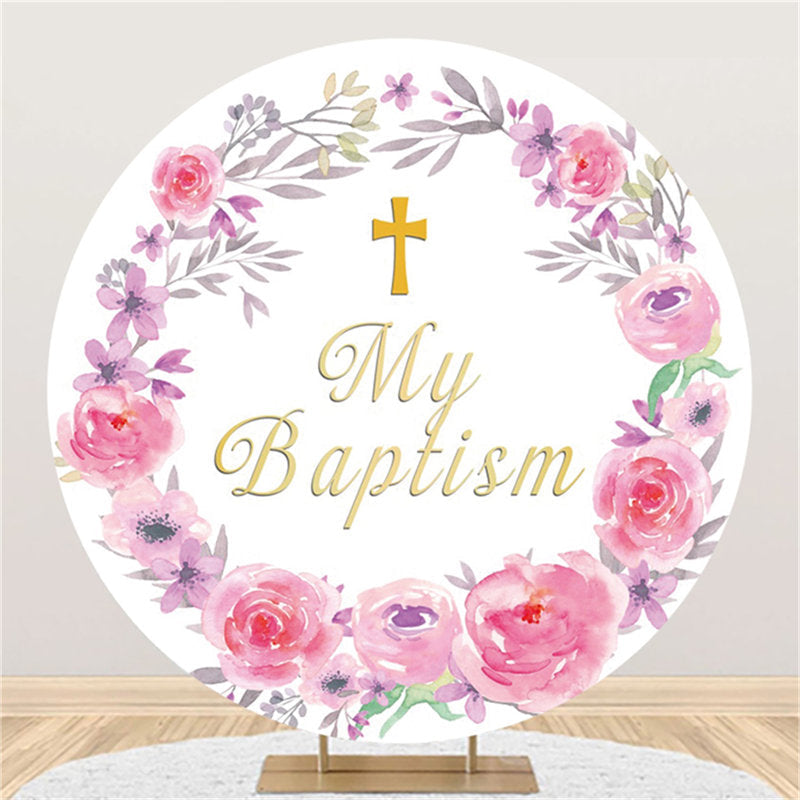 Lofaris Pink Floral Gold My Baptism Round Baby Shower Backdrop
