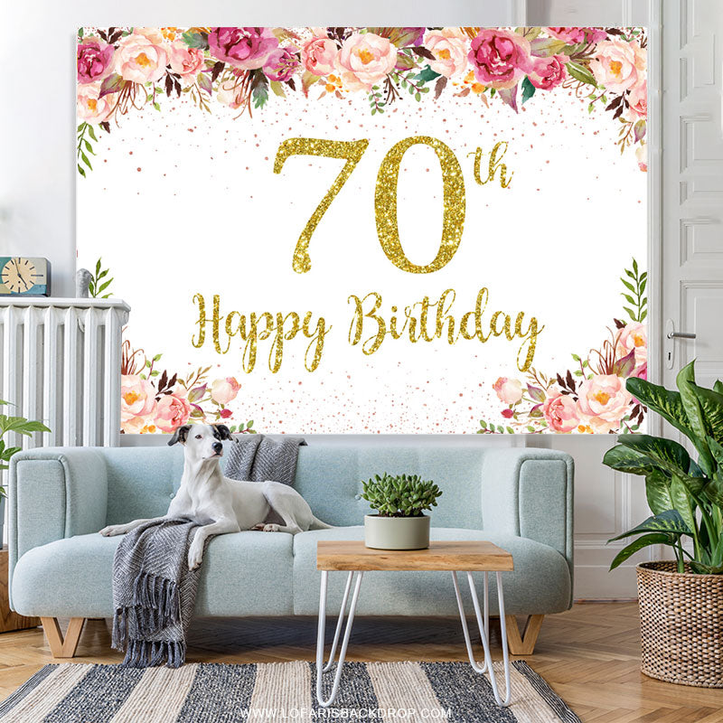 Lofaris Pink Floral Golden Glitter 70th Birthday Backdrop