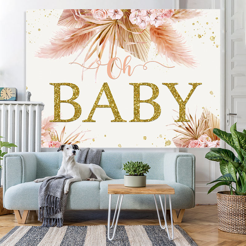 Lofaris Pink Floral Oh Baby Gold Glitter Shower Party Backdrop