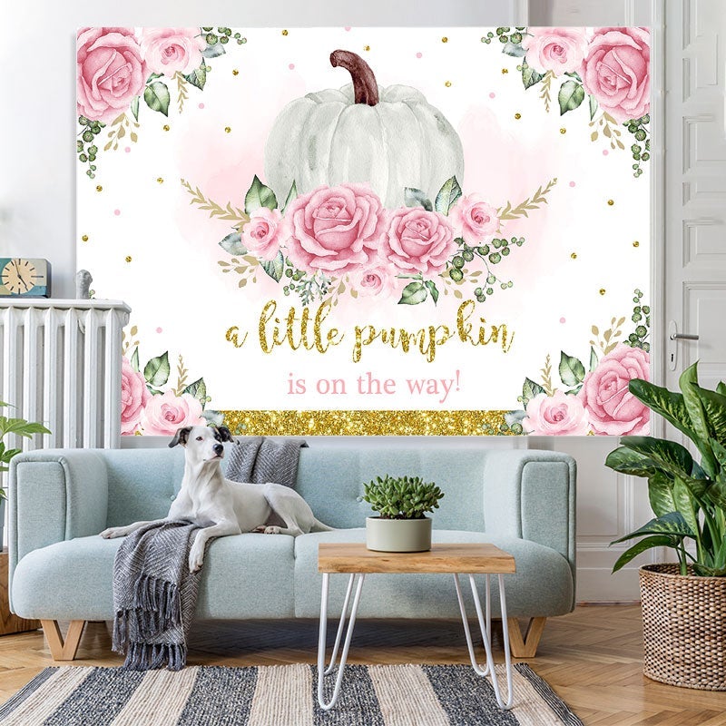 Lofaris Pink Floral Pumpkin On The Way Backdrop for Baby Shower